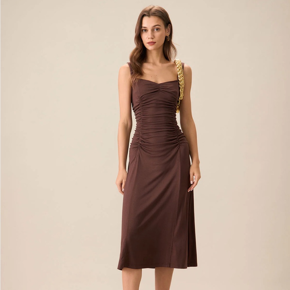 RIHOAS Women's Coffee Ruched Knitted Slip Midi Dress S